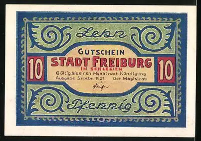 Notgeld Freiburg i. Schlesien 1921, 10 Pfennig, Adler mit Taschenuhr