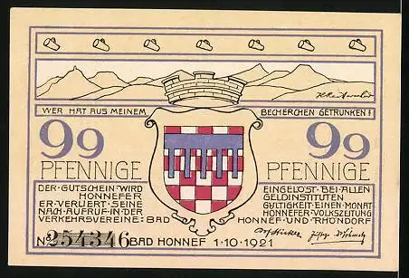 Notgeld Bad Honnef am Rhein 1921, 99 Pfennig, Löwenburg zur Ritterzeit, Wappen