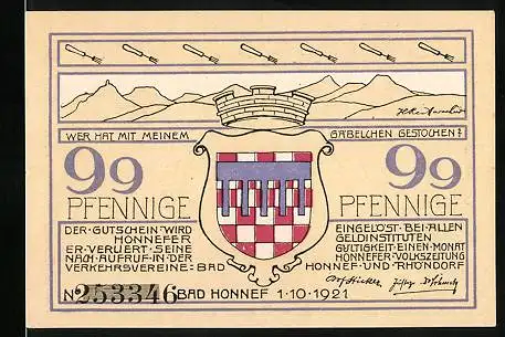 Notgeld Rhöndorf a. Rhein 1921, 99 Pfennig, Alte Kapelle und Dorfeingang, Wappen