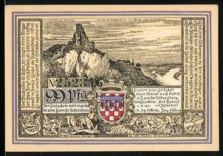 Notgeld Bad Honnef am Rhein 1921, 99 Pfennig, Ruine Drachenfels mit Blick rheinaufwärts, Wappen