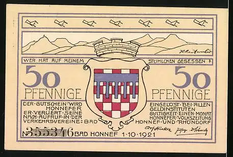 Notgeld Bad Honnef am Rhein 1921, 50 Pfennig, Ortspartie mit Kirche, Wappen