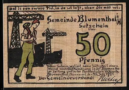 Notgeld Blumenthal i. H. 1921, 50 Pfennig, Arbeiter mit Hammer vor Kränen