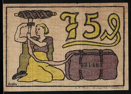 Notgeld Blumenthal i. H. 1921, 75 Pfennig, Frau wickelt Garn auf