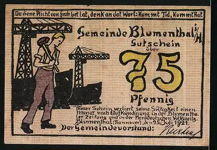 Notgeld Blumenthal i. H. 1921, 75 Pfennig, Frau wickelt Garn auf