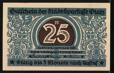 Notgeld Glatz 1921, 25 Pfennig, 100 Jahre Städtische Sparkasse Glatz, Kirche, Ortspartie, Wappen