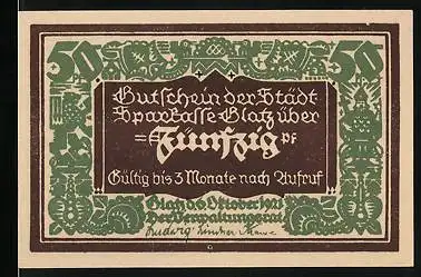 Notgeld Glatz 1921, 50 Pfennig, 100 Jahre Sparkasse Glatz, Arbeiter mit Kind
