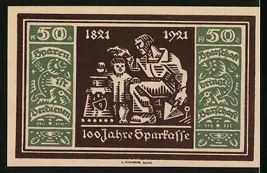 Notgeld Glatz 1921, 50 Pfennig, 100 Jahre Sparkasse Glatz, Arbeiter mit Kind