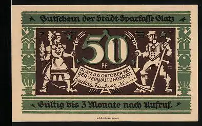 Notgeld Glatz 1921, 50 Pfennig, 100 Jahre Sparkasse Glatz, Bauernpaar in Tracht