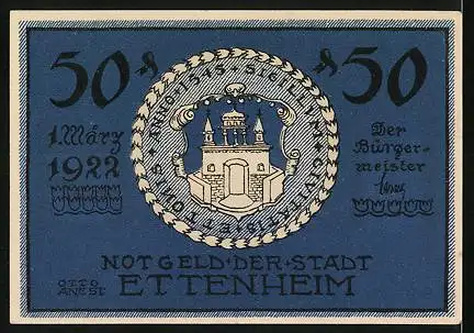 Notgeld Ettenheim 1922, 50 Pfennig, Cardinal Louis René ovn Rohan, Kloster Ett. Münster, Wappen a. Schlössle