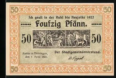 Notgeld Ruhla in Thüringen 1921, 50 Pfennig, Schmied bei der Arbeit