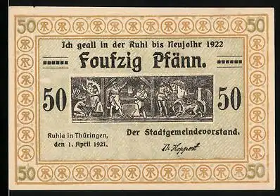 Notgeld Ruhla in Thüringen 1921, 50 Pfennig, Schmied bei der Arbeit