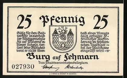 Notgeld Burg auf Fehmarn, 25 Pfennig, Nerthus-Sage, Wappen