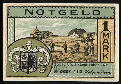 Notgeld Hamburger Hallig 1921, 1 Mark, Warft bei Hochwasser, Wappen