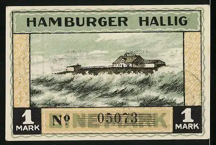 Notgeld Hamburger Hallig 1921, 1 Mark, Warft bei Hochwasser, Wappen