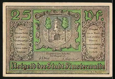 Notgeld Finsterwalde 1921, 25 Pfennig, Schloss, Wappen