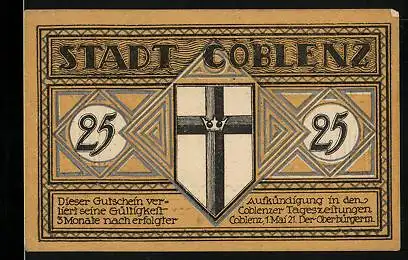 Notgeld Coblenz 1921, 25 Pfennig, Brücke, Wappen