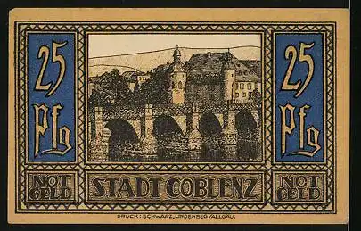 Notgeld Coblenz 1921, 25 Pfennig, Brücke, Wappen