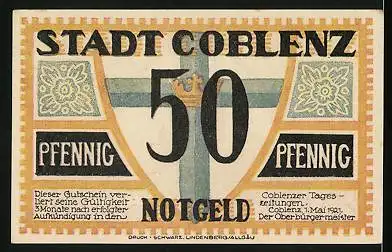 Notgeld Coblenz 1921, 50 Pfennig, Kirche, Wappen