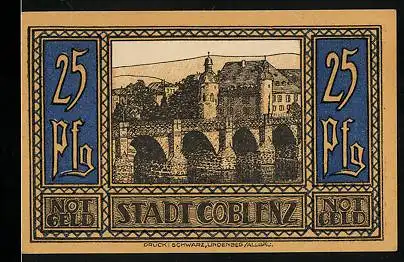 Notgeld Coblenz 1921, 25 Pfennig, Wappen, Brücke