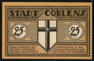 Notgeld Coblenz 1921, 25 Pfennig, Wappen, Brücke