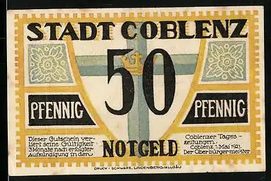 Notgeld Coblenz 1921, 50 Pfennig, Wappen und Kirche