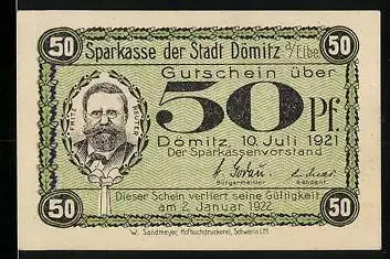 Notgeld Dömitz 1921, 50 Pfennig, Eingang zur Festung, Fritz Reuter