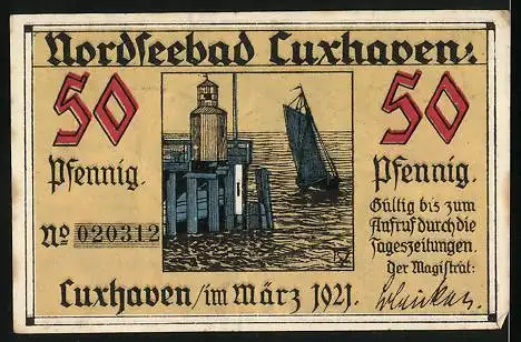 Notgeld Cuxhaven 1921, 50 Pfennig, Fischer, Wappen, Hafeneinfahrt