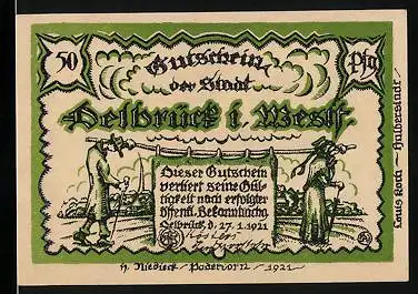 Notgeld Delbrück i. Westf. 1921, 50 Pfennig, betender Bauer