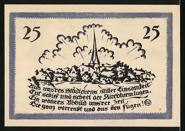 Notgeld Delbrück i. Westf. 1921, 25 Pfennig, Blick auf das Städtchen