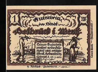 Notgeld Delbrück i. Westf. 1921, 1 Mark, Frau hält fest am Alten