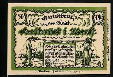 Notgeld Delbrück i. Westf. 1921, 50 Pfennig, Betender Bauer