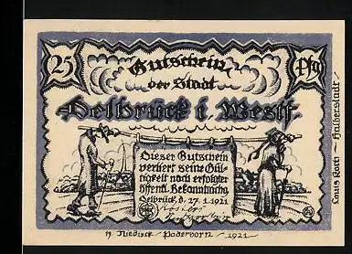 Notgeld Delbrück i. Westf. 1921, 25 Pfennig, Ortsansicht