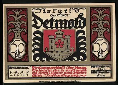 Notgeld Detmold 1920, 50 Pfennig, Wappen, In dem armen römschen Heere...