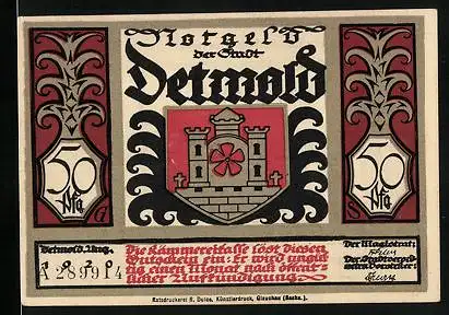 Notgeld Detmold 1920, 50 Pfennig, Wappen, Nur in Rom war man nicht heiter...