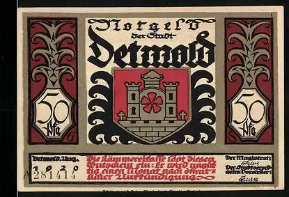 Notgeld Detmold 1920, 50 Pfennig, Wappen, Als das Morden war zu Ende...