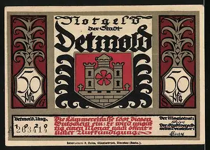 Notgeld Detmold 1920, 50 Pfennig, Wappen, Da sprach er voll Aergernussen...