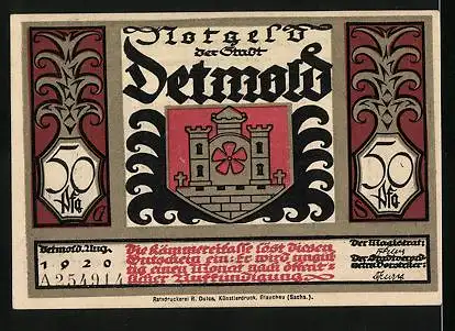 Notgeld Detmold 1920, 50 Pfennig, Wappen, O Quintili, armer Feldherr...