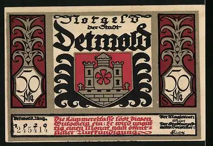 Notgeld Detmold 1920, 50 Pfennig, Wappen, Weh das war ein grosses Morden...