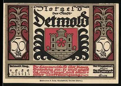 Notgeld Detmold 1920, 50 Pfennig, Wappen, In dem Teutoburger Walde...