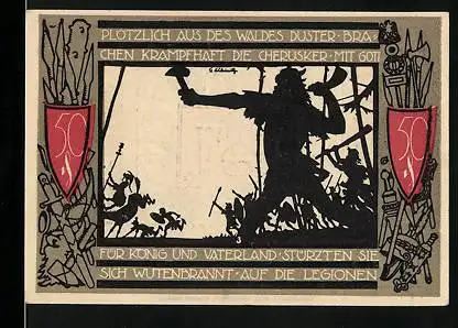 Notgeld Detmold 1920, 50 Pfennig, Wappen, Plötzlich aus des Waldes Duster...