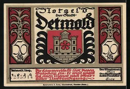 Notgeld Detmold 1920, 50 Pfennig, Wappen, Plötzlich aus des Waldes Duster...