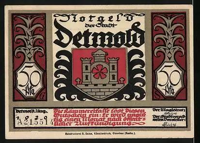 Notgeld Detmold 1920, 50 Pfennig, Wappen, Als die Römer frech geworden...