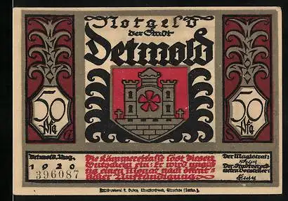 Notgeld Detmold 1920, 50 Pfennig, Wappen, Und zu Ehren der Geschichten...