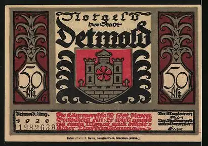 Notgeld Detmold 1920, 50 Pfennig, Wappen, Hermannsdenkmal
