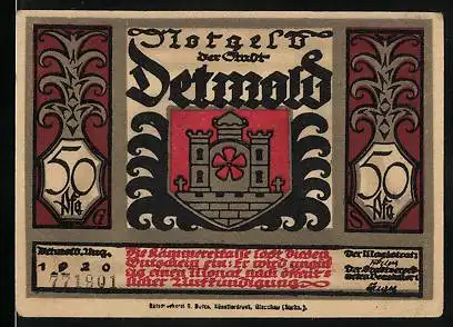 Notgeld Detmold 1920, 50 Pfennig, Wappen, Da sprach er voll Aergernussen...
