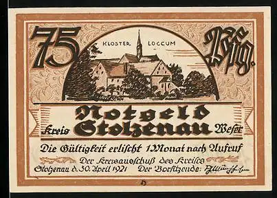 Notgeld Stolzenau /Weser 1921, 75 Pfennig, Kloster Loccum