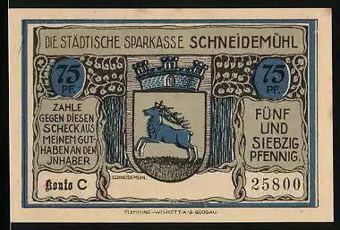 Notgeld Schneidemühl, 75 Pfennig, Wappen, Regierungsgebäude