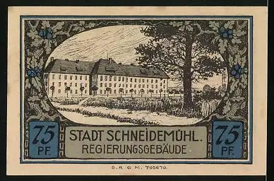 Notgeld Schneidemühl, 75 Pfennig, Wappen, Regierungsgebäude