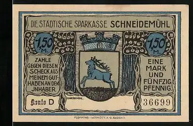 Notgeld Schneidemühl, 1,50 Mark, Wappen, Friedrichstein