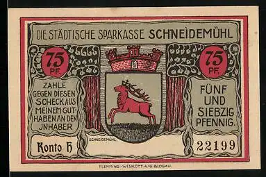 Notgeld Schneidemühl, 75 Pfennig, Wappen, Flugzeuge der Fliegerschule
